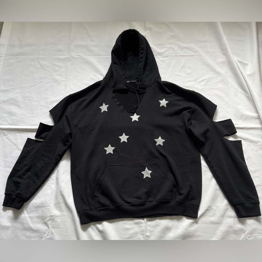 Women’s 5John Eshayer Black Hoodie White Stars and Slashed Sleeves, Size L